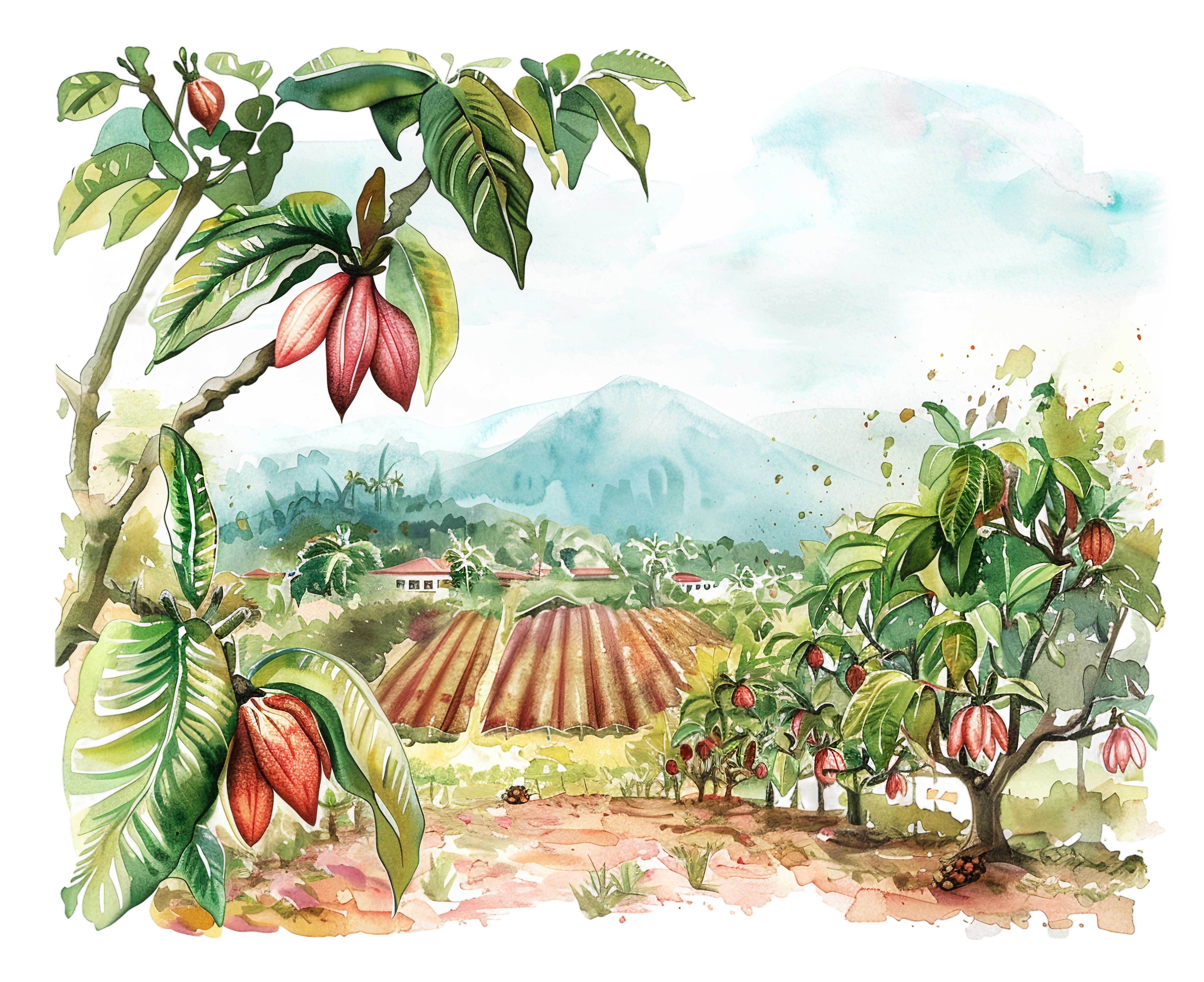 Watercolor of a cacao farm in Costa Rica